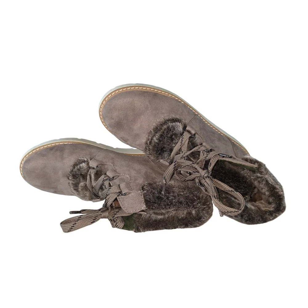 a.n.a Andes Faux Fur Trim Lace Up Winter Boots Taupe 8M Cozy Casual Cabincore